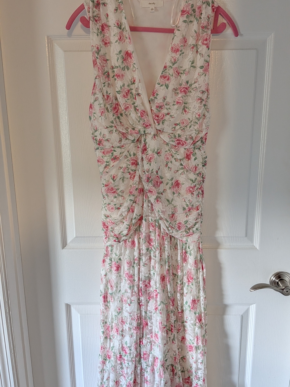 Dee Elly Pink Rose Floral Ruched Knot Front Maxi Dress Size M
